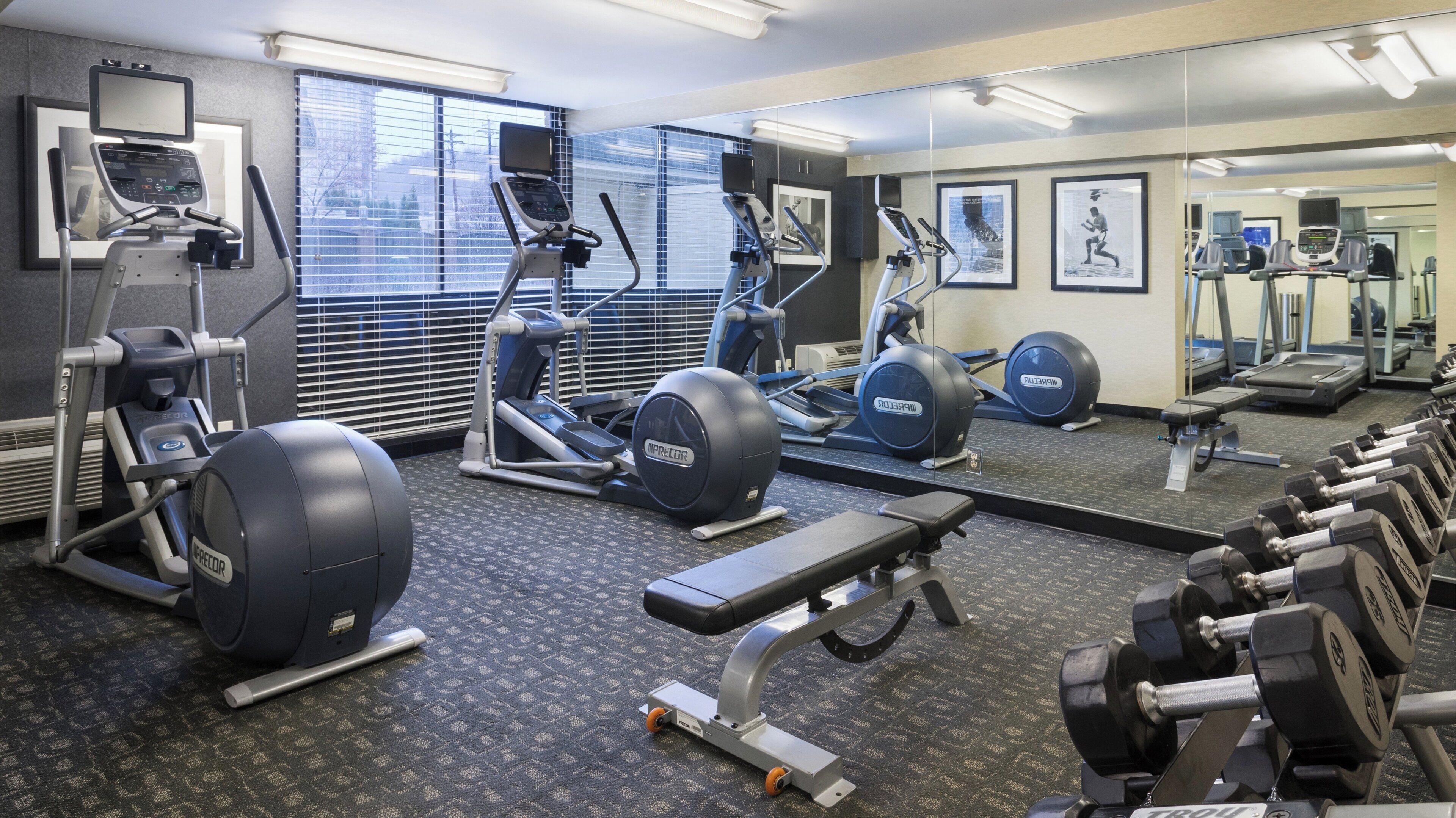 Uma academia com diversos equipamentos de exercício, incluindo esteiras, elípticos e pesos livres.