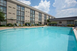 Seasonal outdoor pool, pool umbrellas, pool loungers