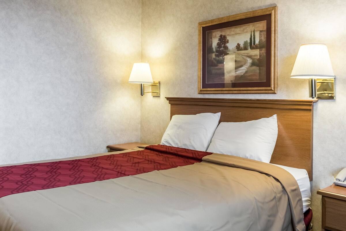 A neatly made bed with a patterned throw, two bedside lamps, and a framed painting on the wall.