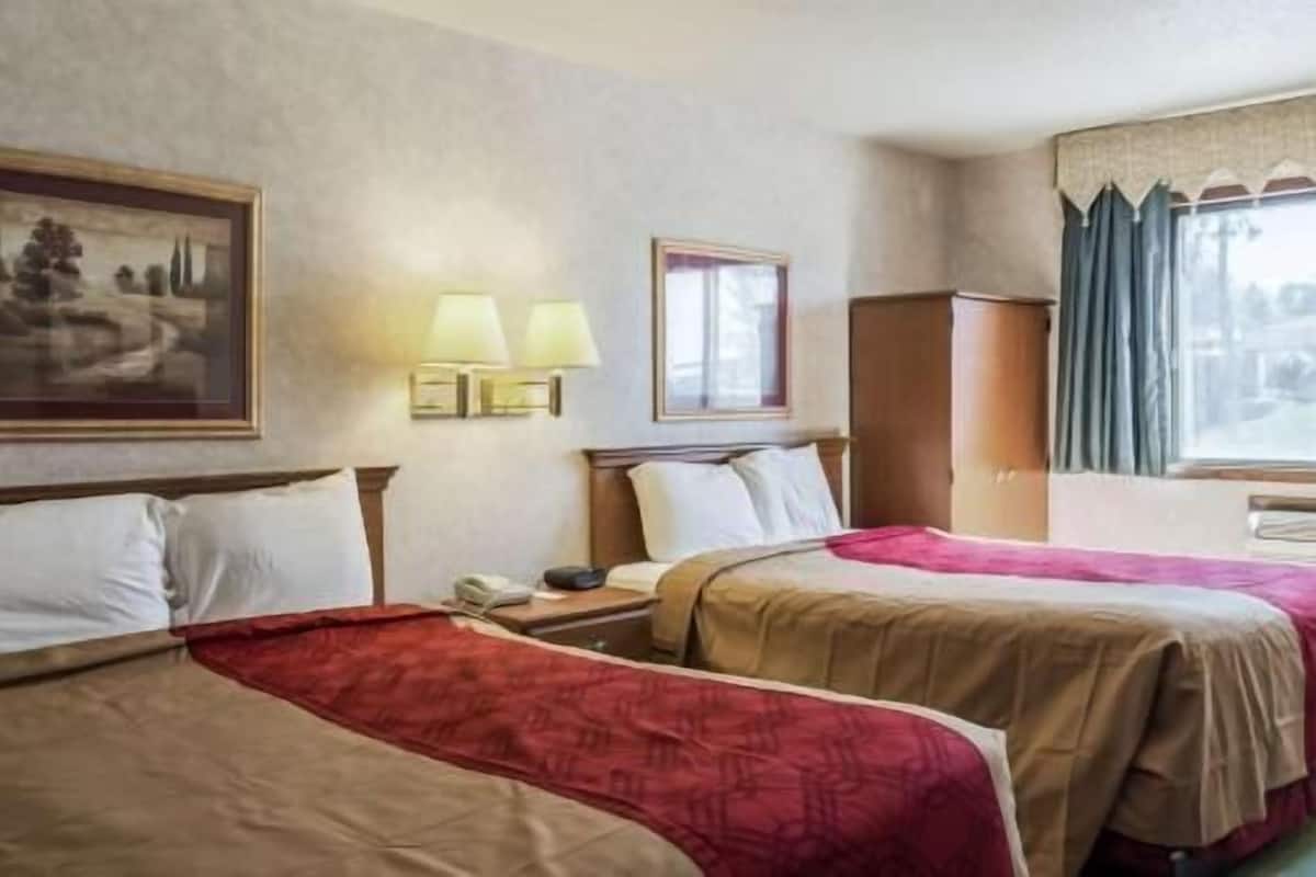 A hotel room with two beds, a nightstand, a lamp, a framed picture, and a window with curtains.