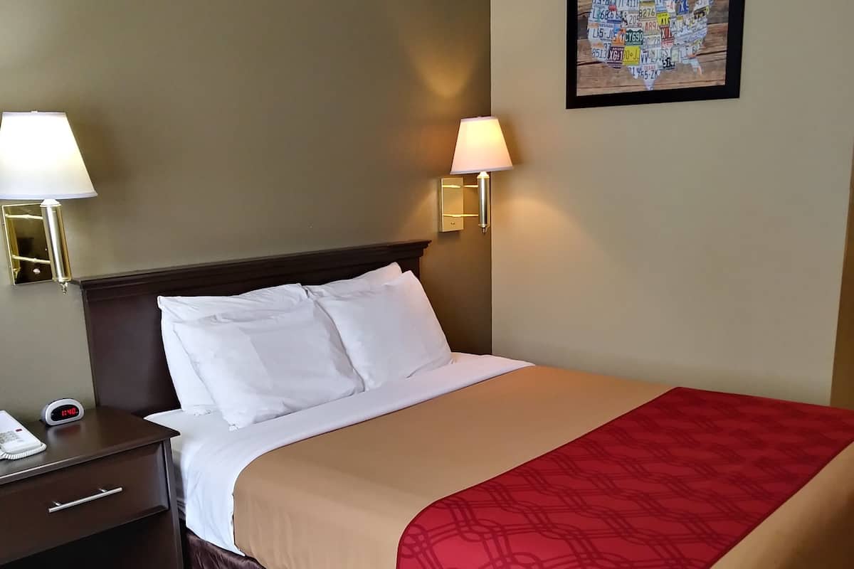 A hotel room with a bed, nightstand, lamp, and a wall map.