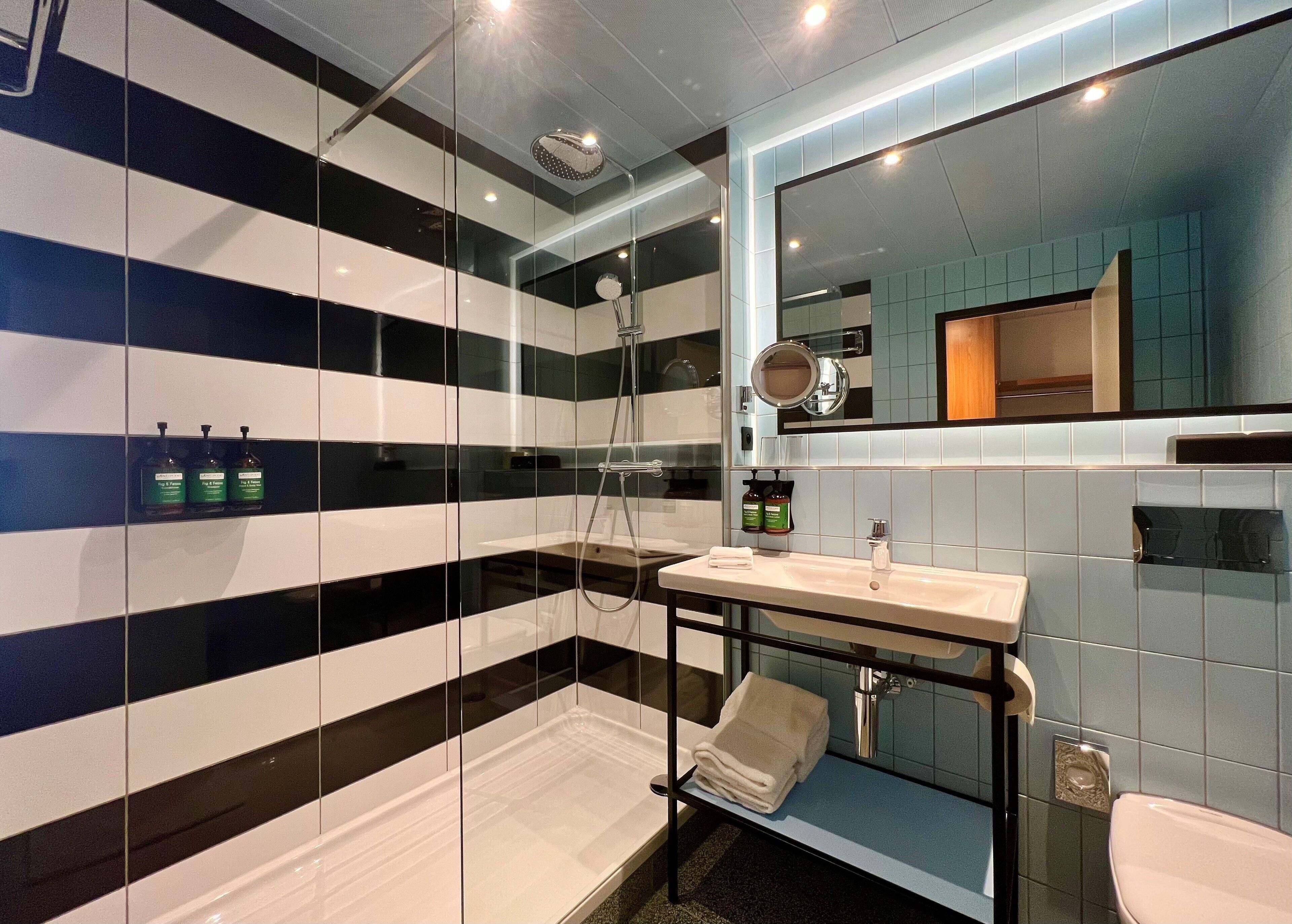 hair dryer, towels, soap, shampoo