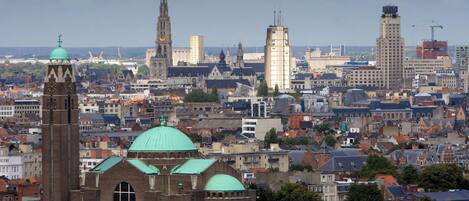 Un paisaje urbano con edificios históricos y una iglesia destacada con cúpula verde.