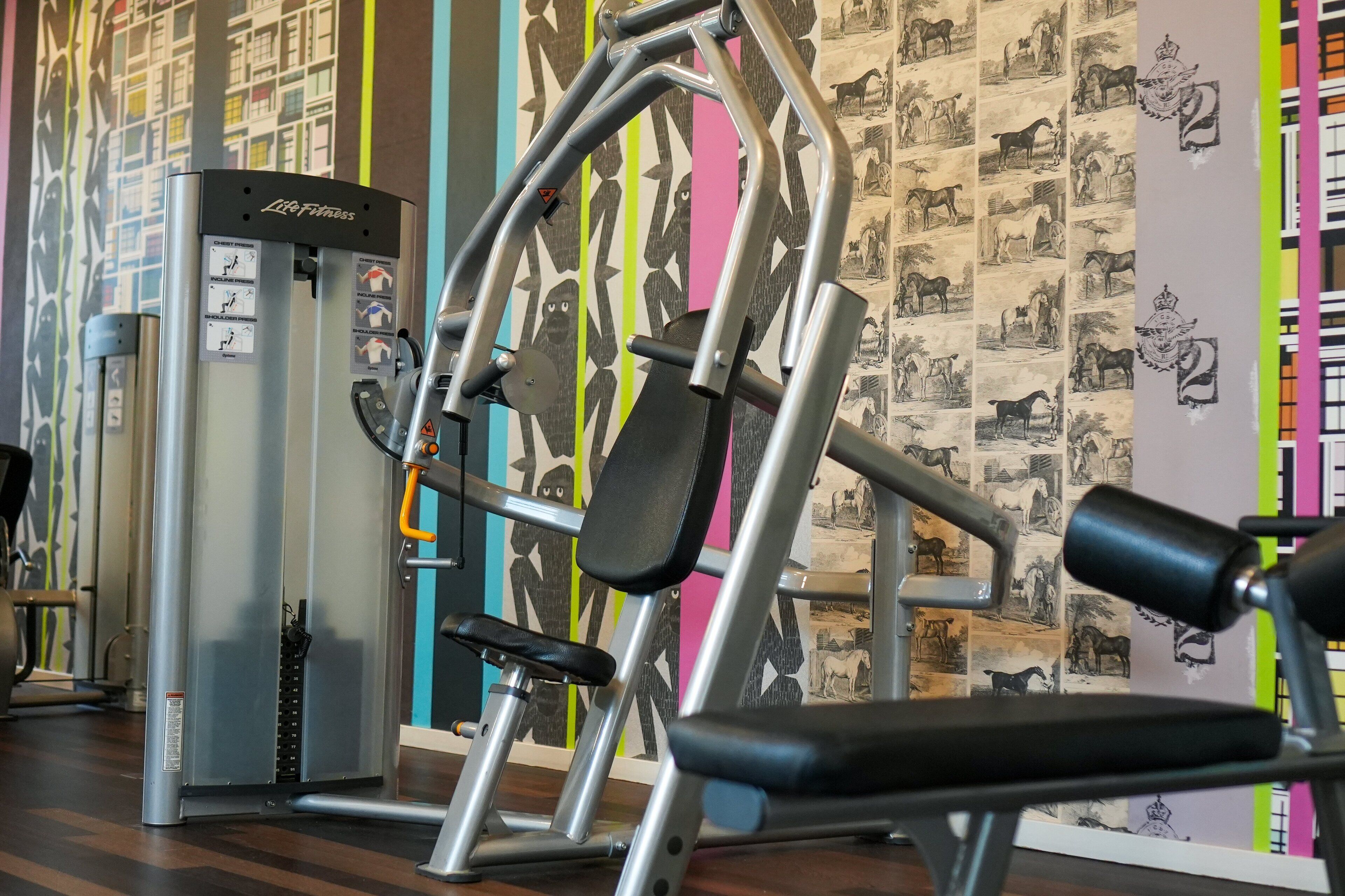 A gym with a Life Fitness machine and a wall with colorful vertical stripes.