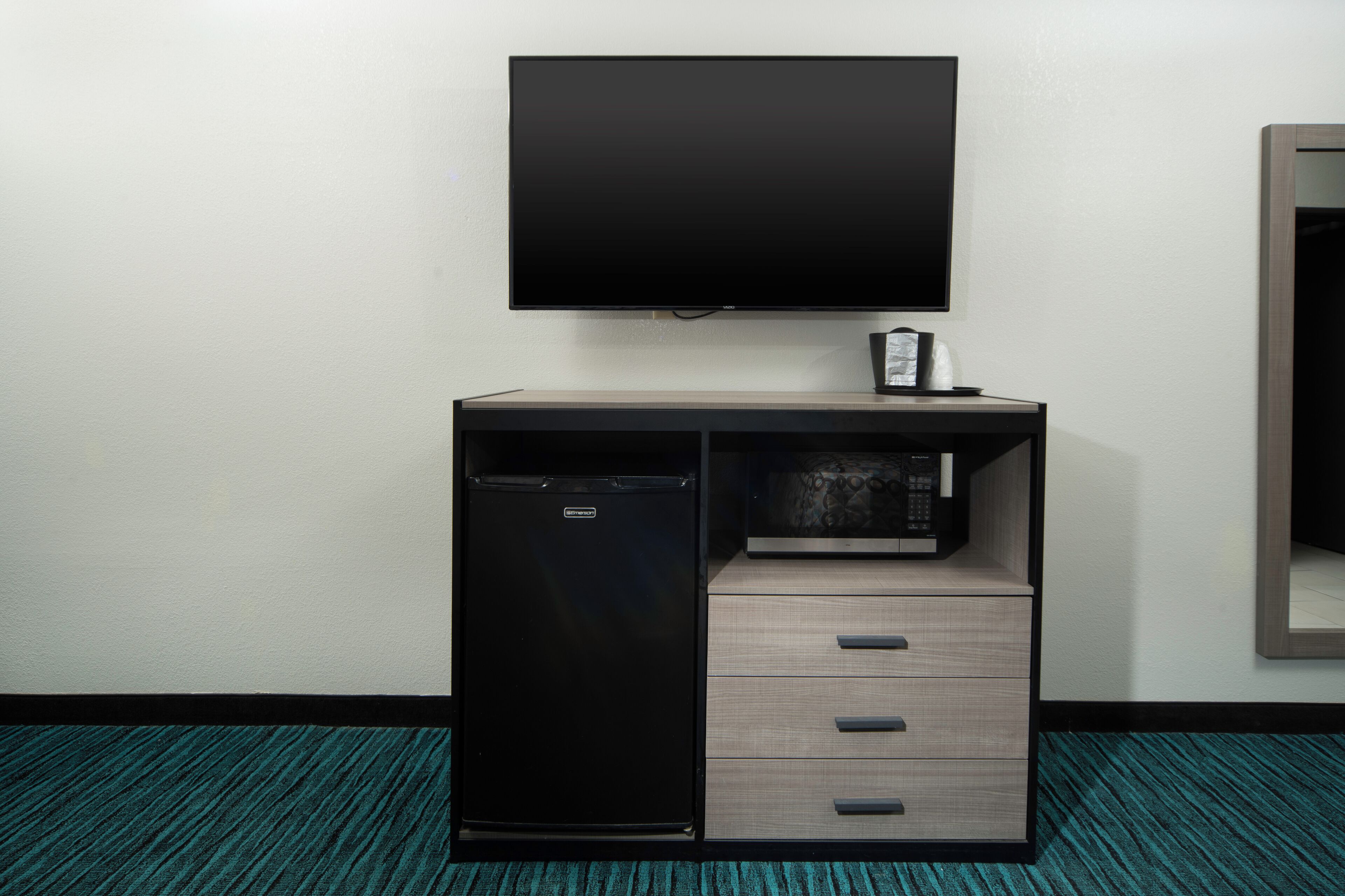 Down comforters, desk, laptop workspace, blackout drapes