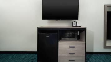 Down comforters, desk, laptop workspace, blackout drapes