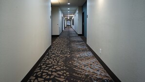 Un pasillo largo y estrecho con alfombra estampada y paredes blancas.