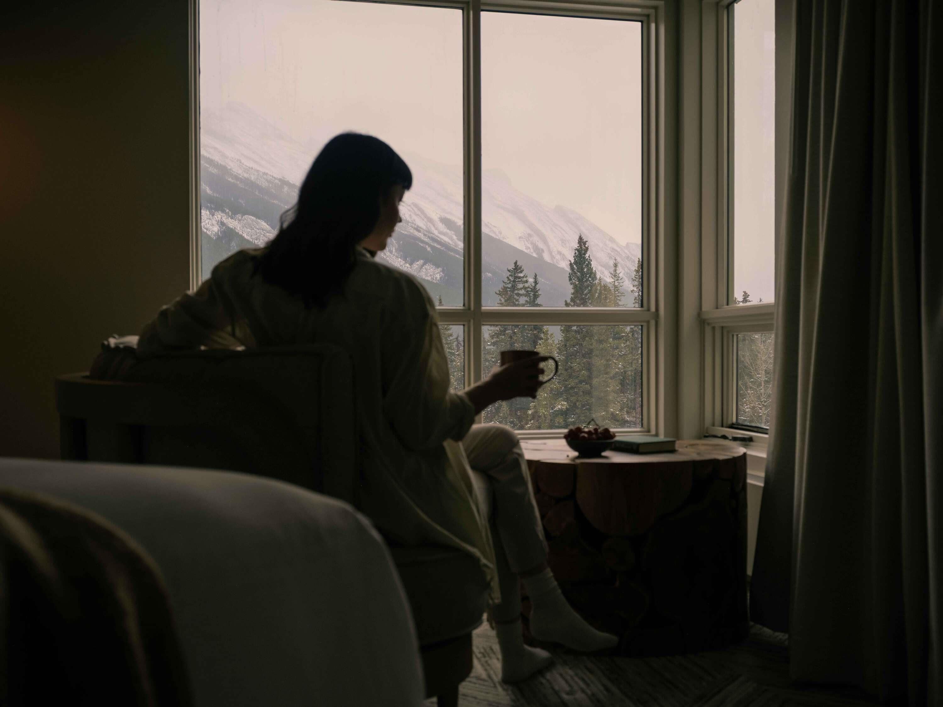 Una persona sentada junto a una ventana con vistas a montañas nevadas.