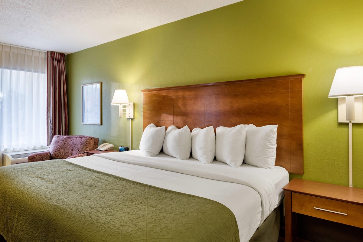 Habitación de hotel con una cama grande, cabecera de madera, pared verde y ventana con cortinas.