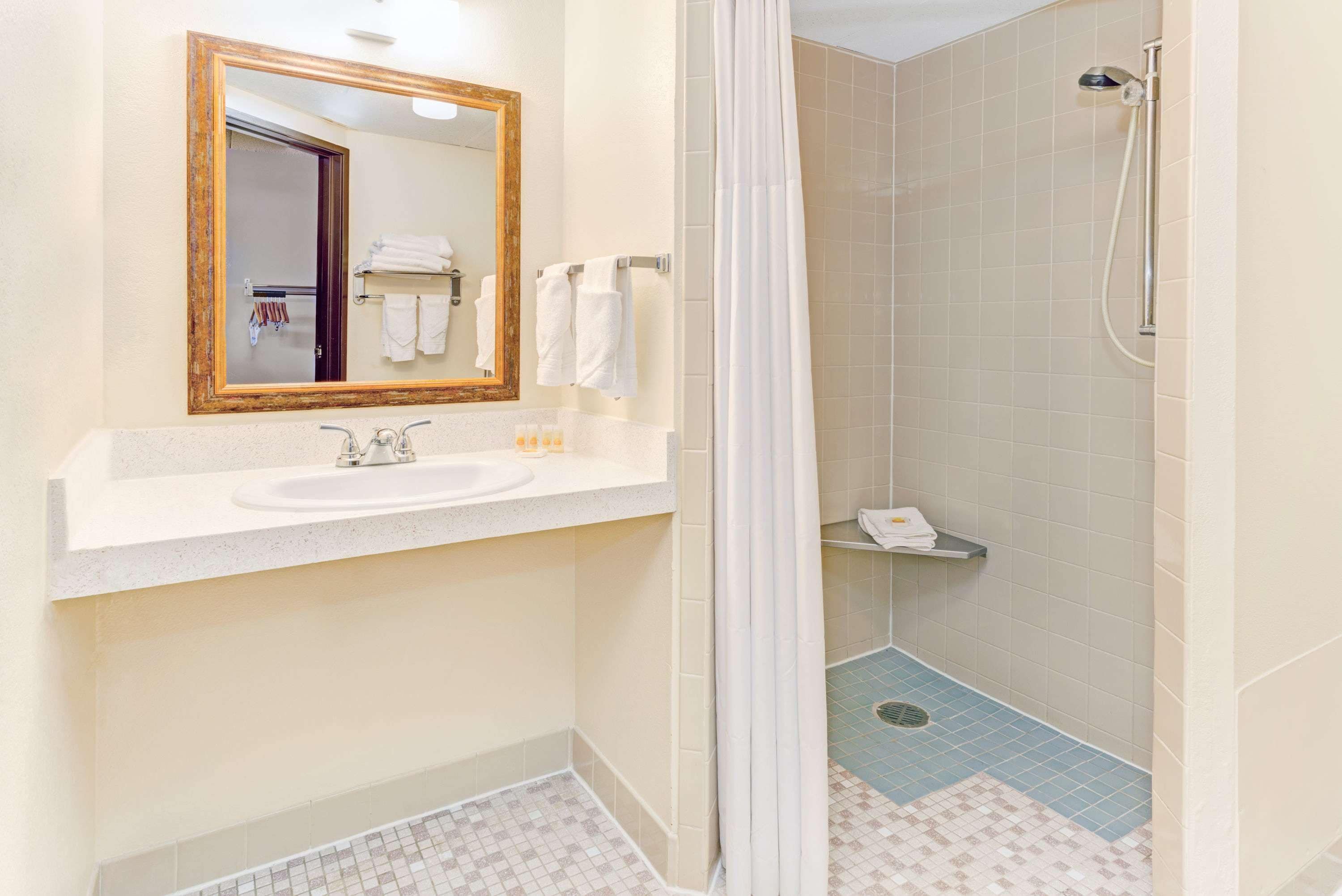 A bathroom with a sink, mirror, and shower.