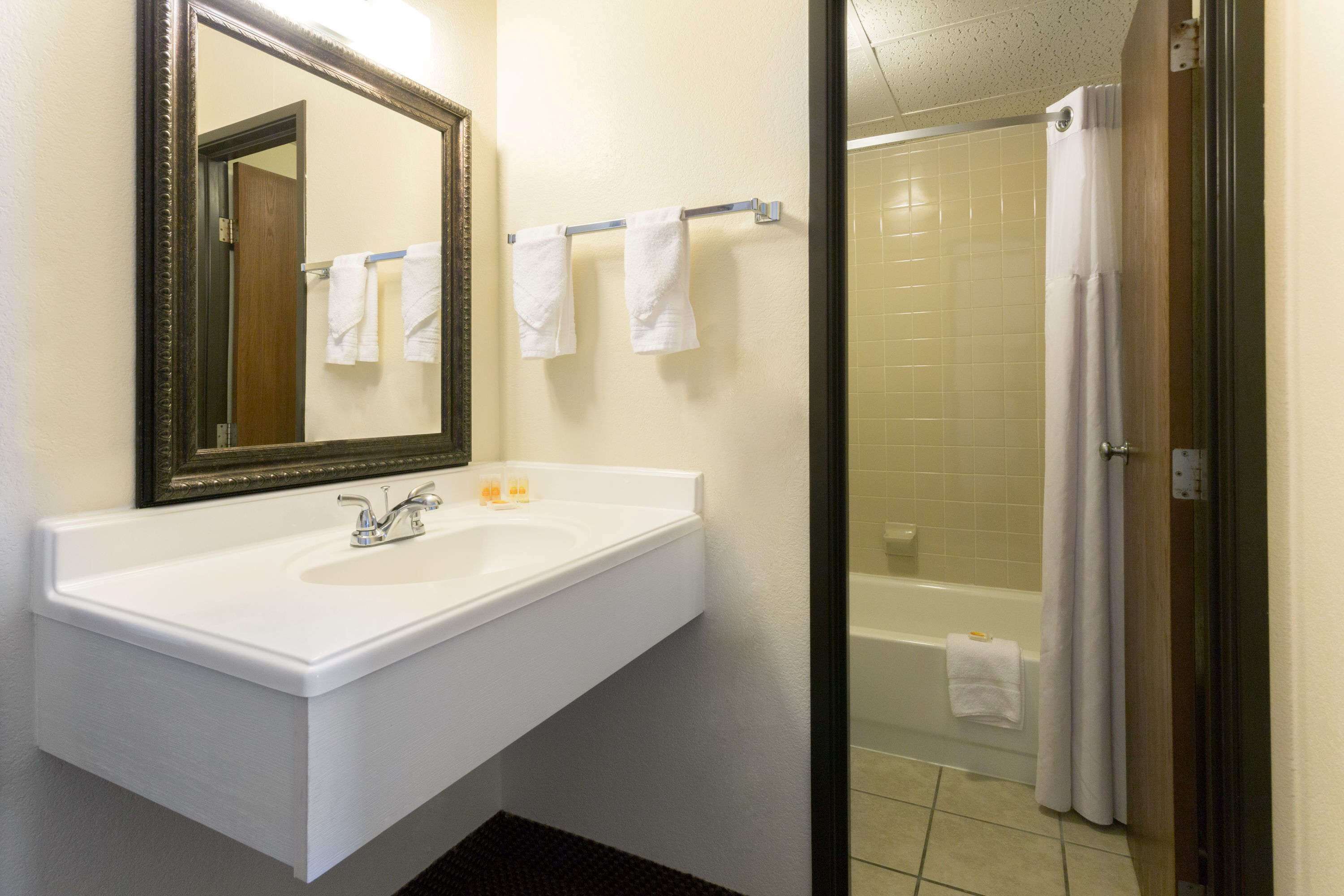 Un baño con lavamanos blanco, un espejo y zona de ducha.