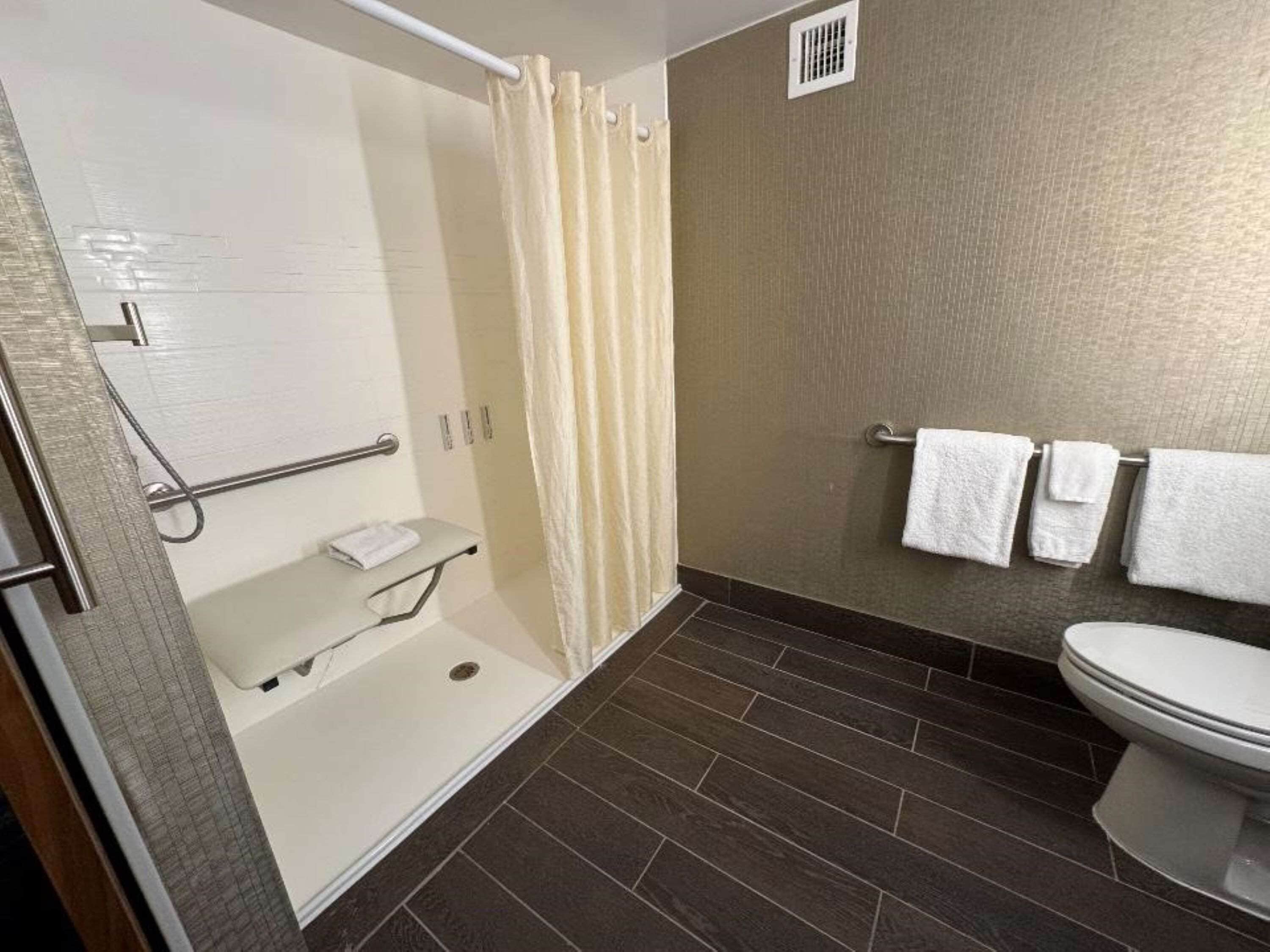 standard room, 1 king bed, accessible, refrigerator | bathroom | shower, eco-friendly toiletries, hair dryer, towels