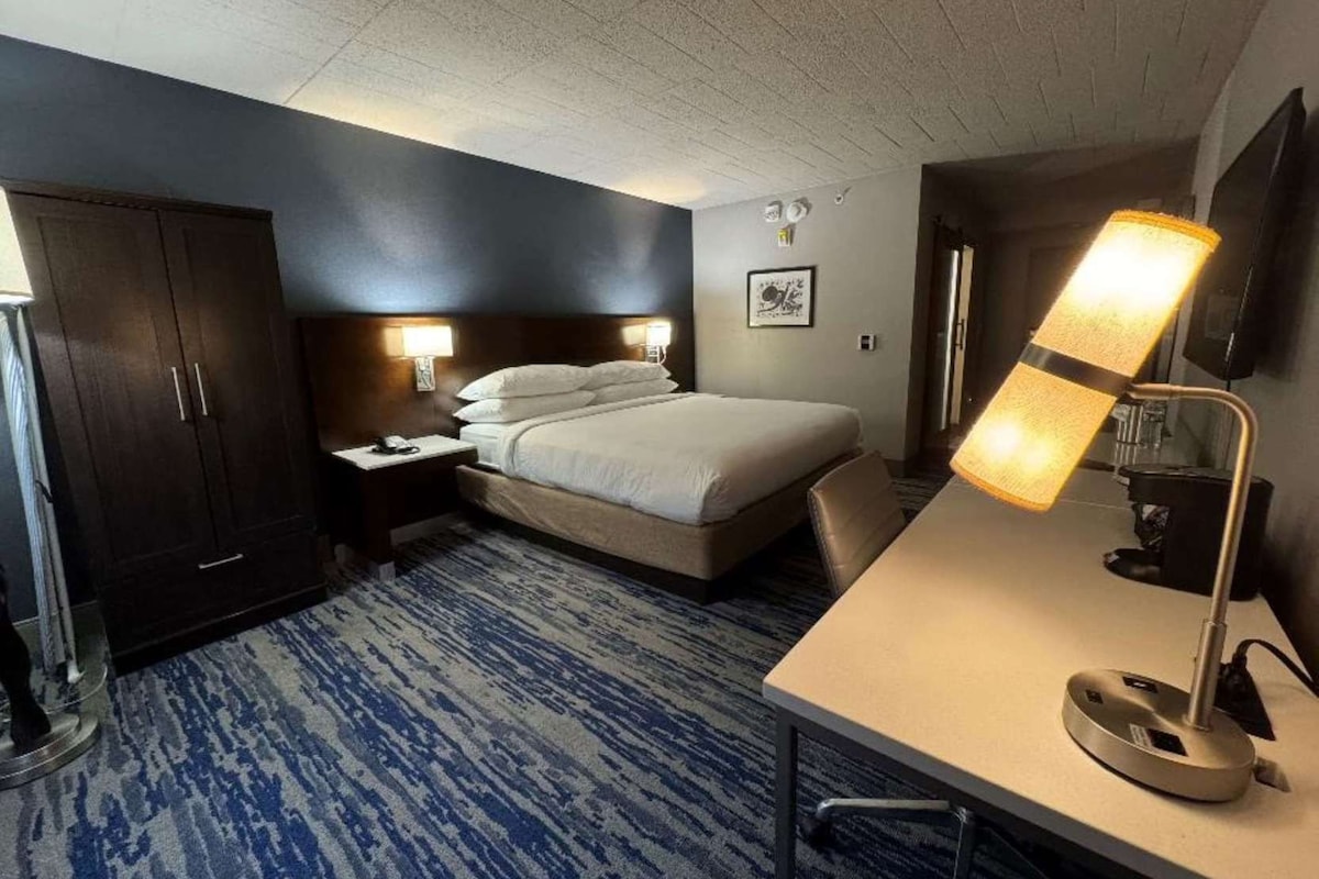 A hotel room with a bed, a desk, a chair, a wardrobe, and a lamp.