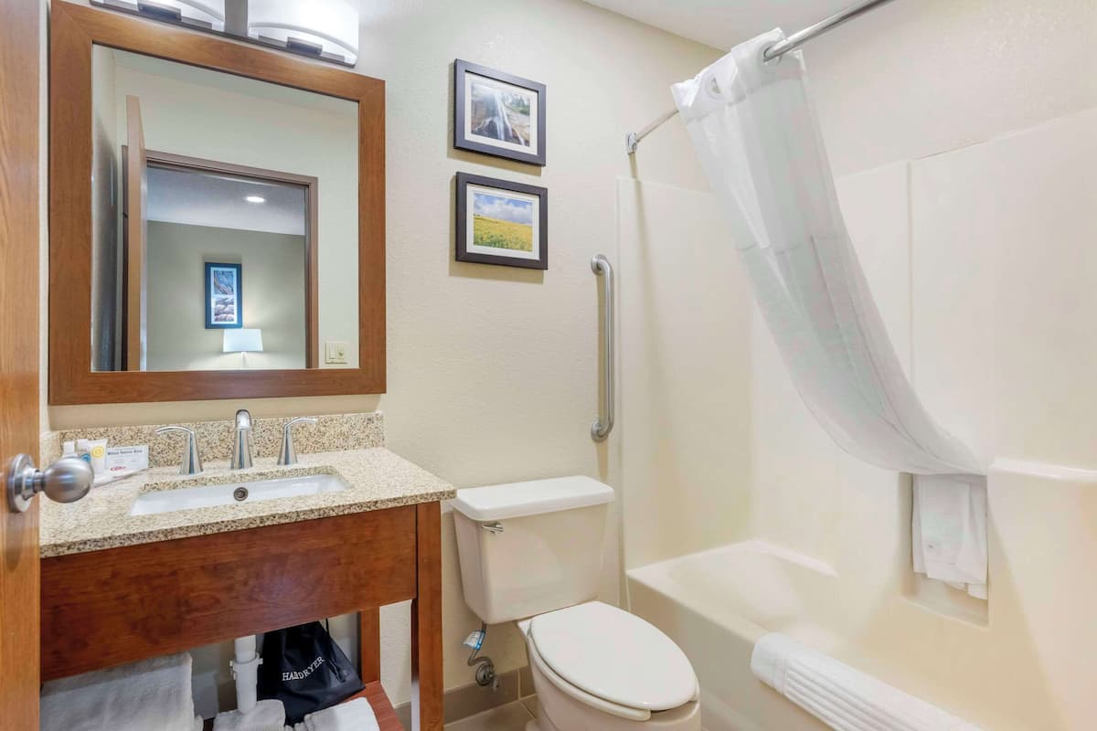 A bathroom with a sink, toilet, and shower.