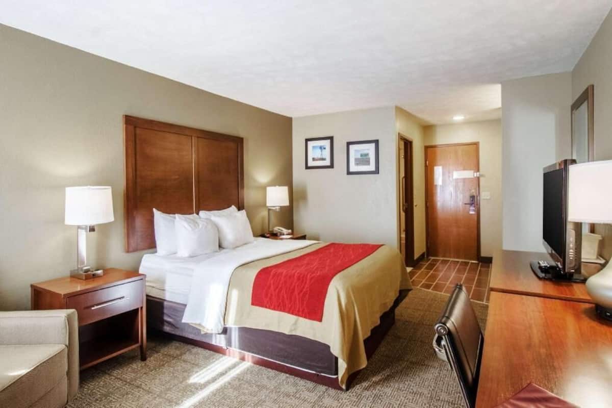 A hotel room with a bed, bedside tables, a desk, a chair, a television, and framed pictures on the wall.