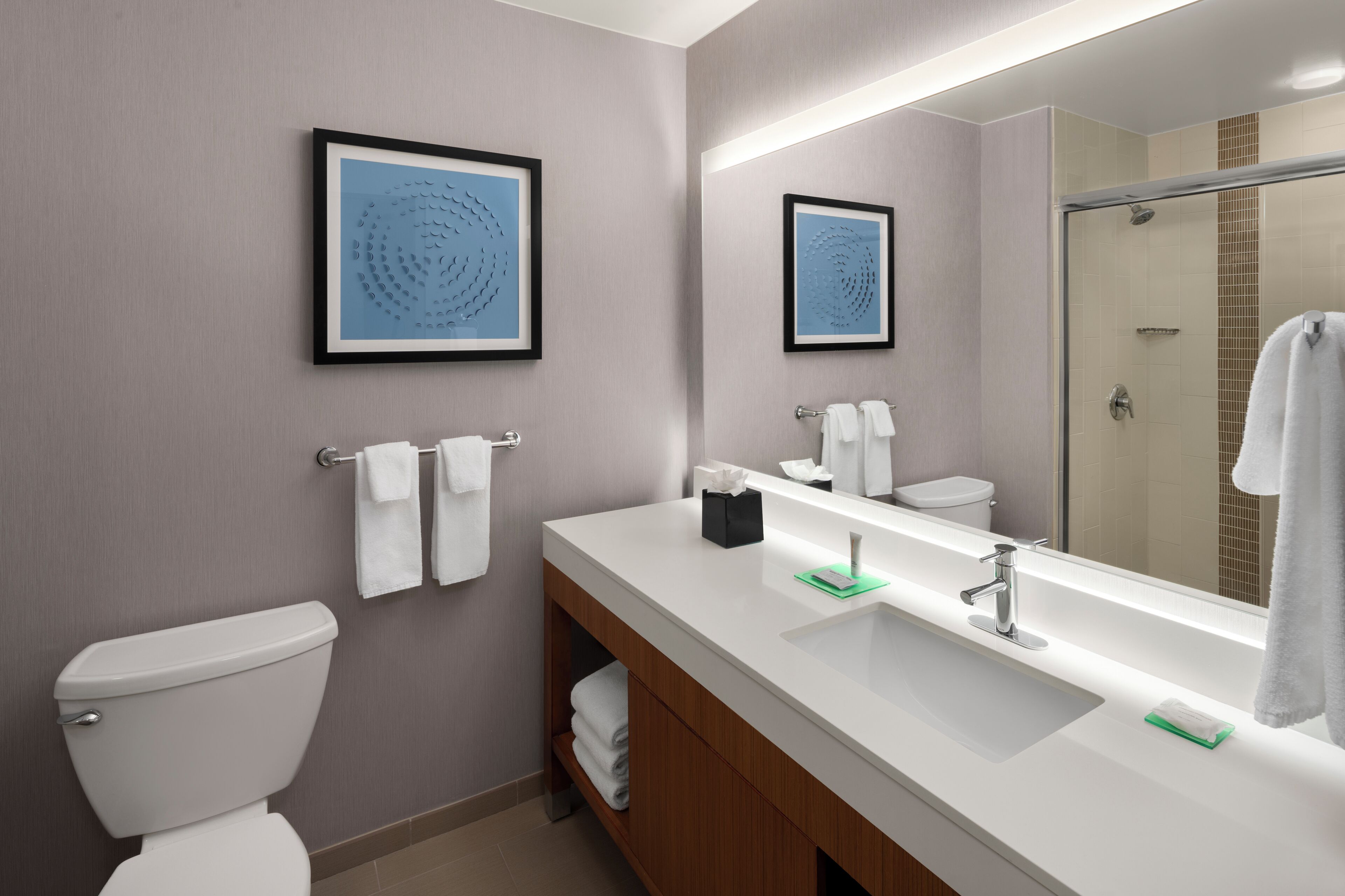 designer toiletries, hair dryer, towels, soap