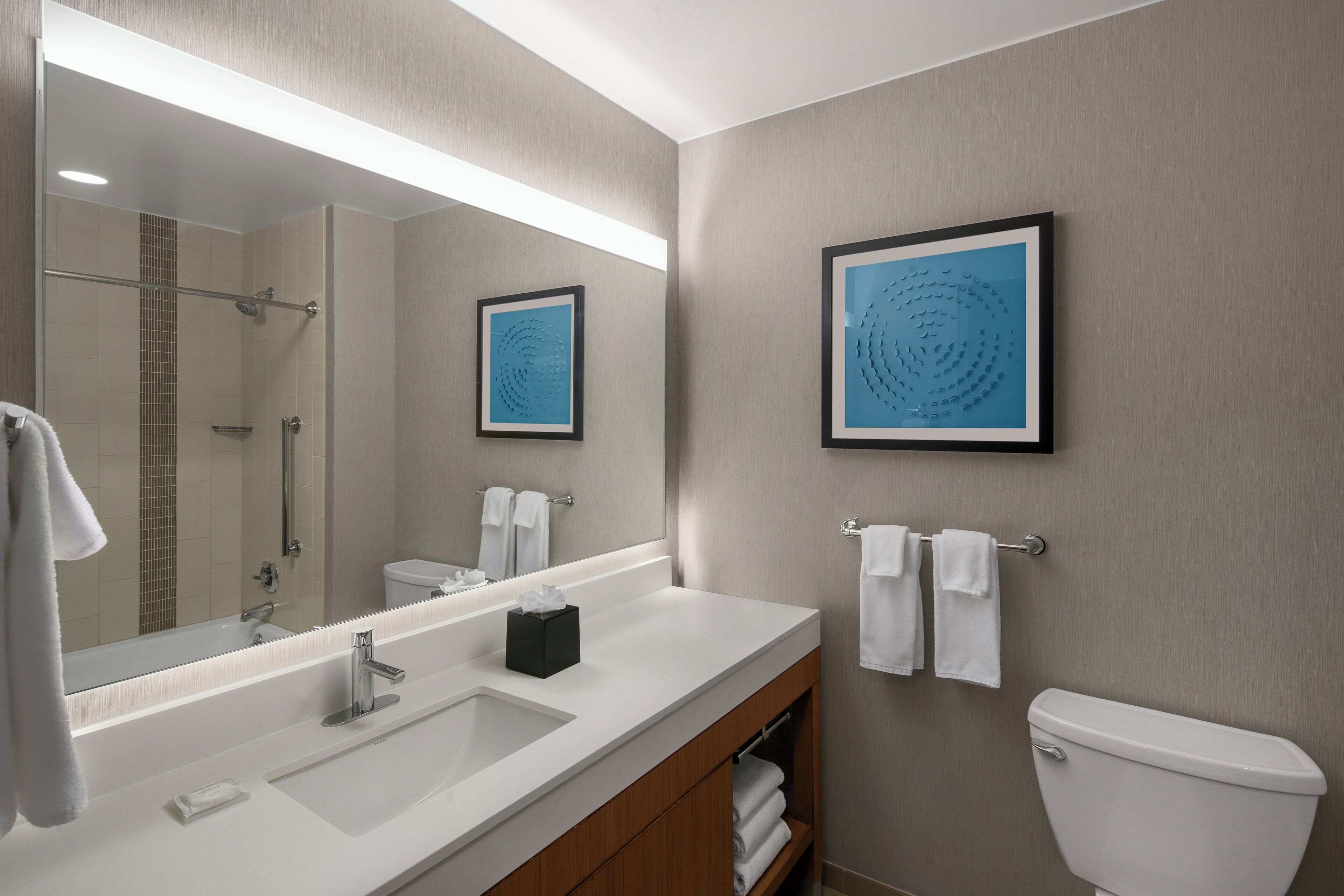 designer toiletries, hair dryer, towels, soap