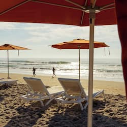 On the beach, sun loungers, beach umbrellas, beach towels