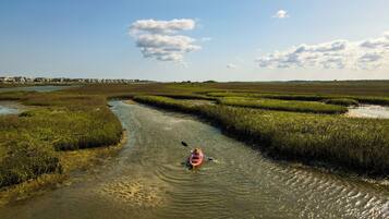 A kayaker on a river surrounded by marshland.