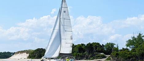 A sailboat on calm waters with a sandy beach and greenery in the background.