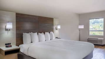 Habitación de hotel moderna con una cama grande, cabecera de madera, lámparas de noche y una ventana con vistas a zonas verdes.