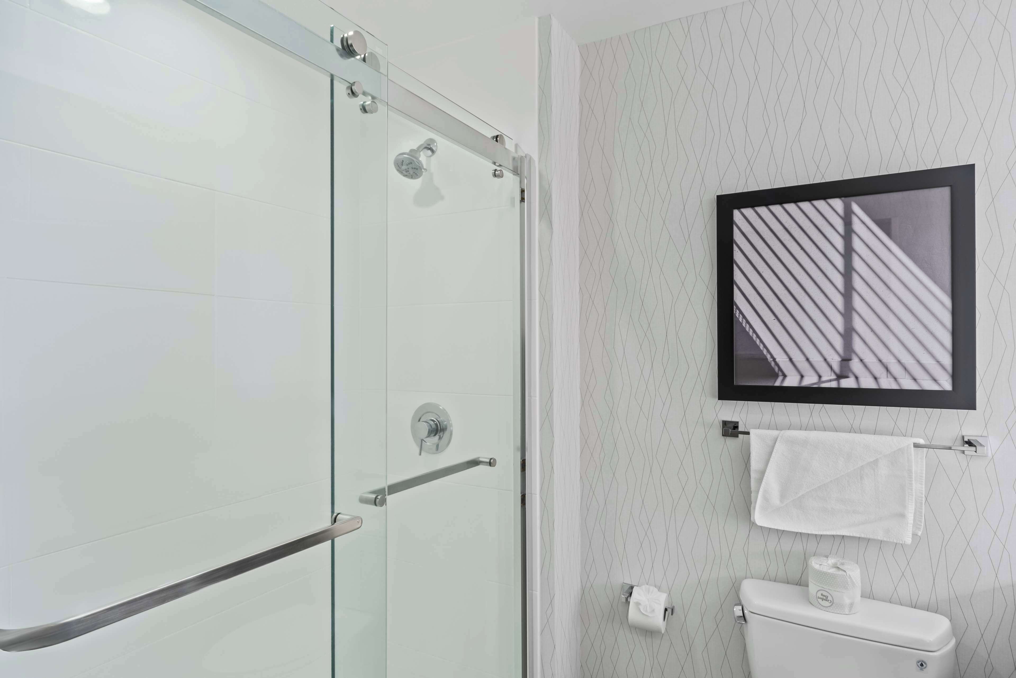 Un baño moderno con cabina de ducha de vidrio, inodoro y un cuadro en la pared.