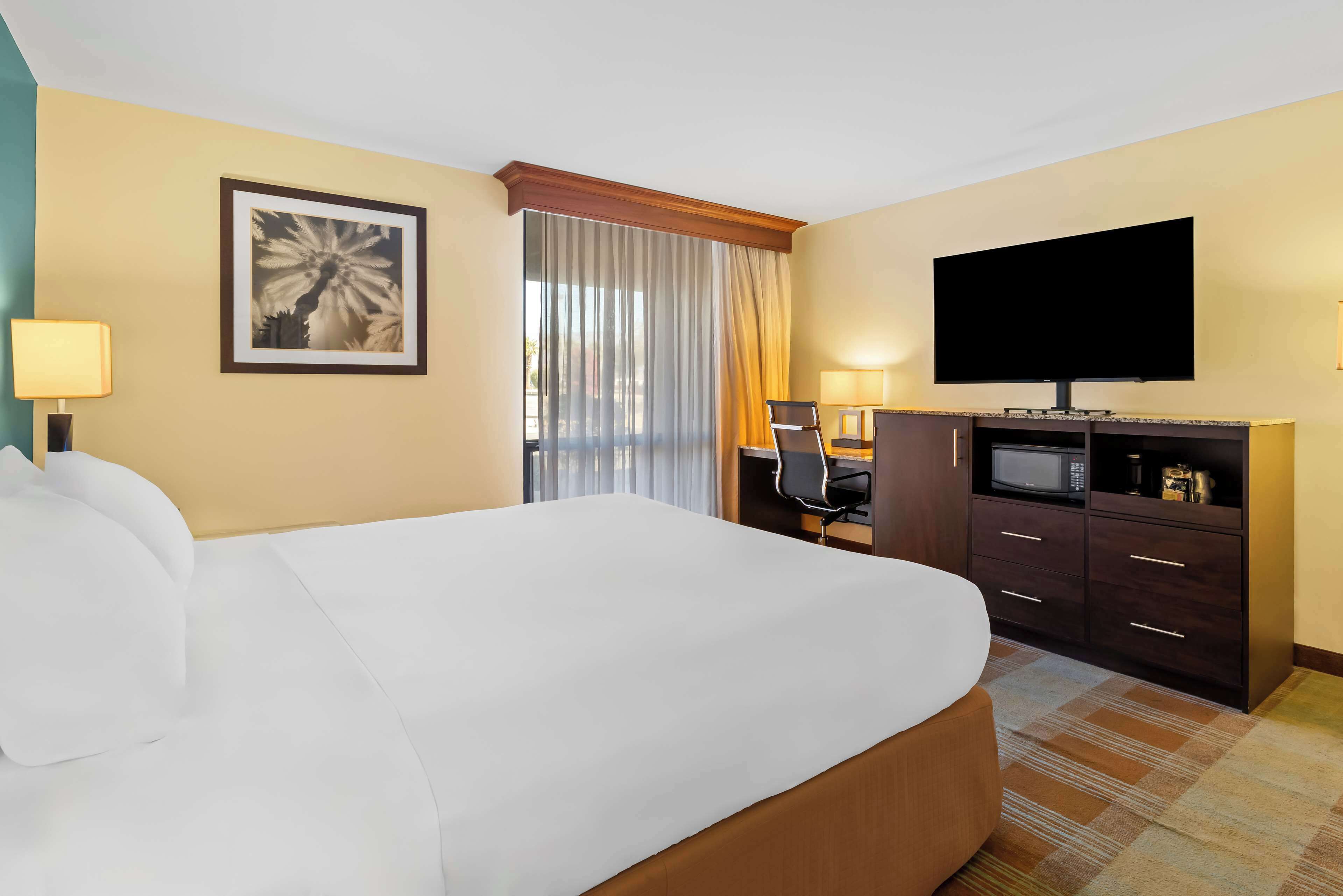 Habitación de hotel con una cama grande, un escritorio con una silla, un televisor de pantalla plana, un microondas y un armario.