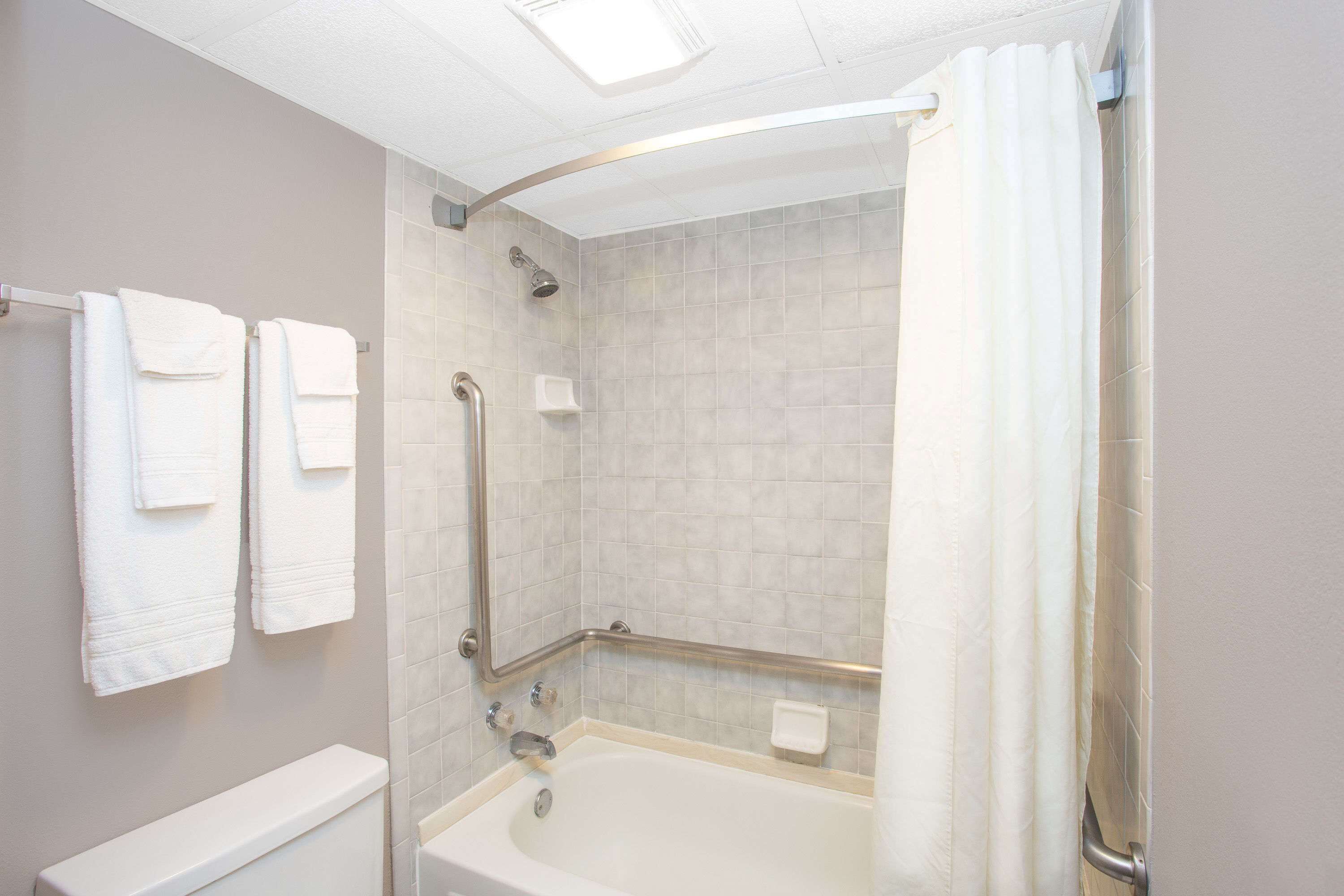 A modern bathroom with a bathtub, a shower with a curved glass door, and a handrail.