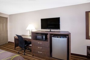 Desk, laptop workspace, blackout curtains, iron/ironing board