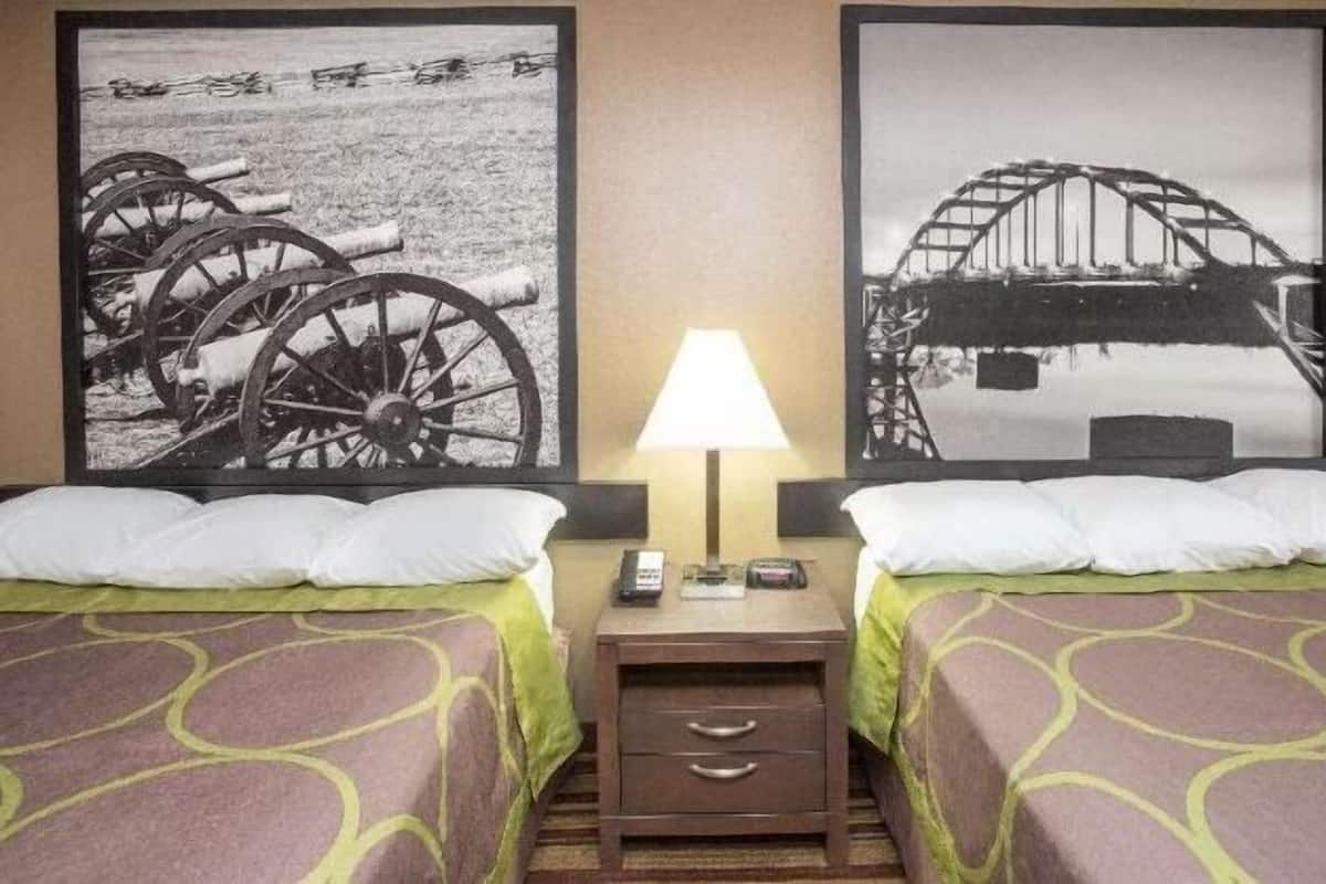 Desk, laptop workspace, blackout curtains, iron/ironing board