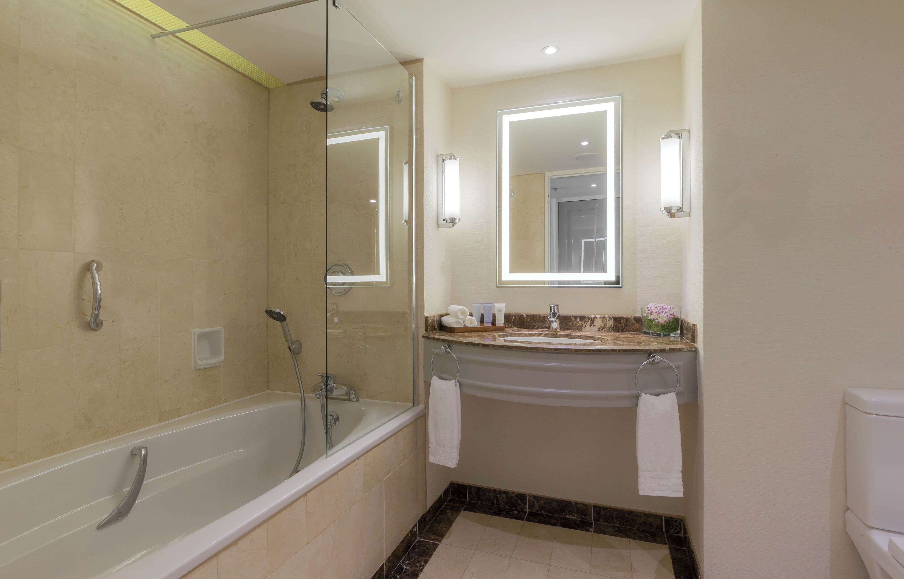 Een moderne badkamer met een glazen douchecabine, een badkuip, een wastafel met opbergruimte en een toilet.