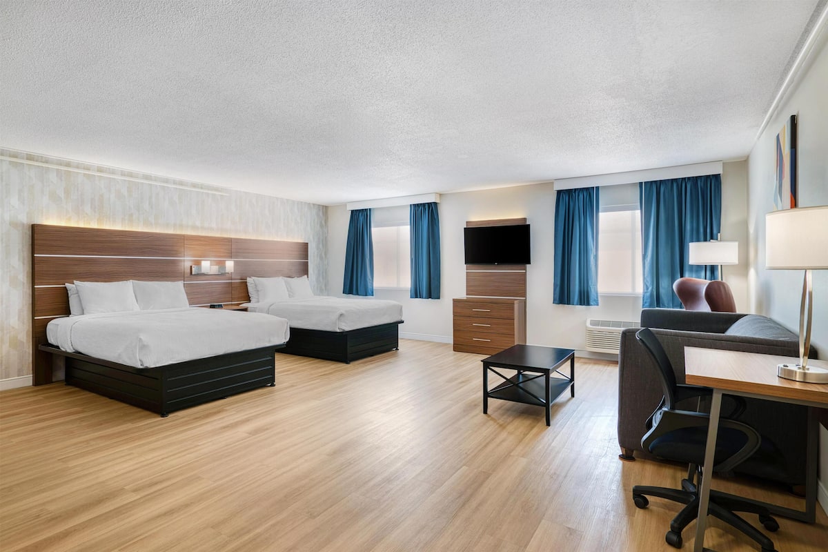 Standard Room, 2 Queen Beds, Non Smoking, Kitchen (Larger Room;with Sofabed) | Desk, laptop workspace, blackout drapes, iron/ironing board