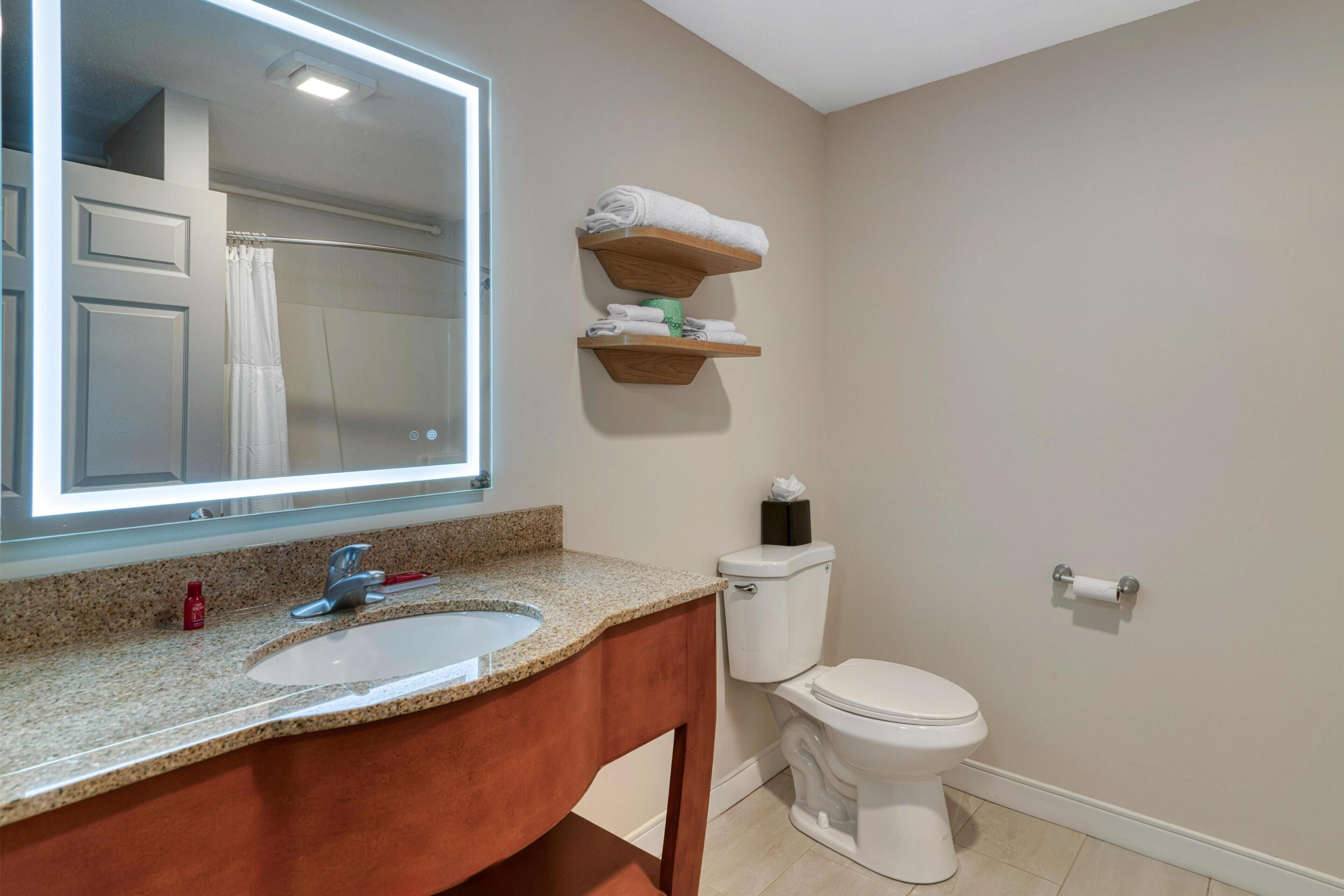 A bathroom with a granite countertop sink, a mirror, a toilet, and two wooden shelves with towels.