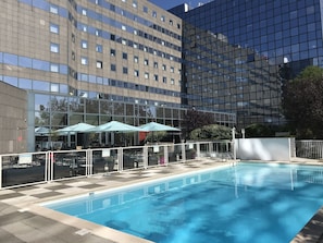 Seasonal outdoor pool, pool umbrellas, sun loungers