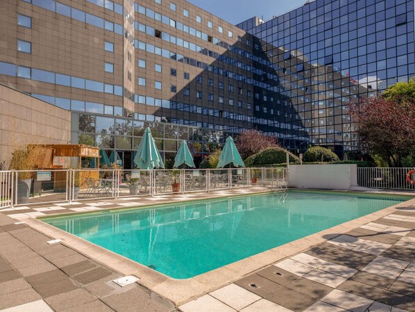 Seasonal outdoor pool, pool umbrellas, pool loungers