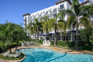 Outdoor pool, pool umbrellas, pool loungers