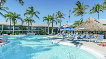 Outdoor pool, pool umbrellas, pool loungers