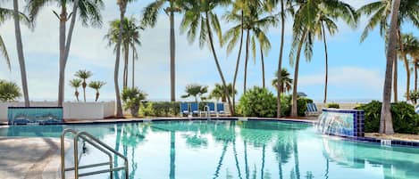 Outdoor pool, pool umbrellas, sun loungers