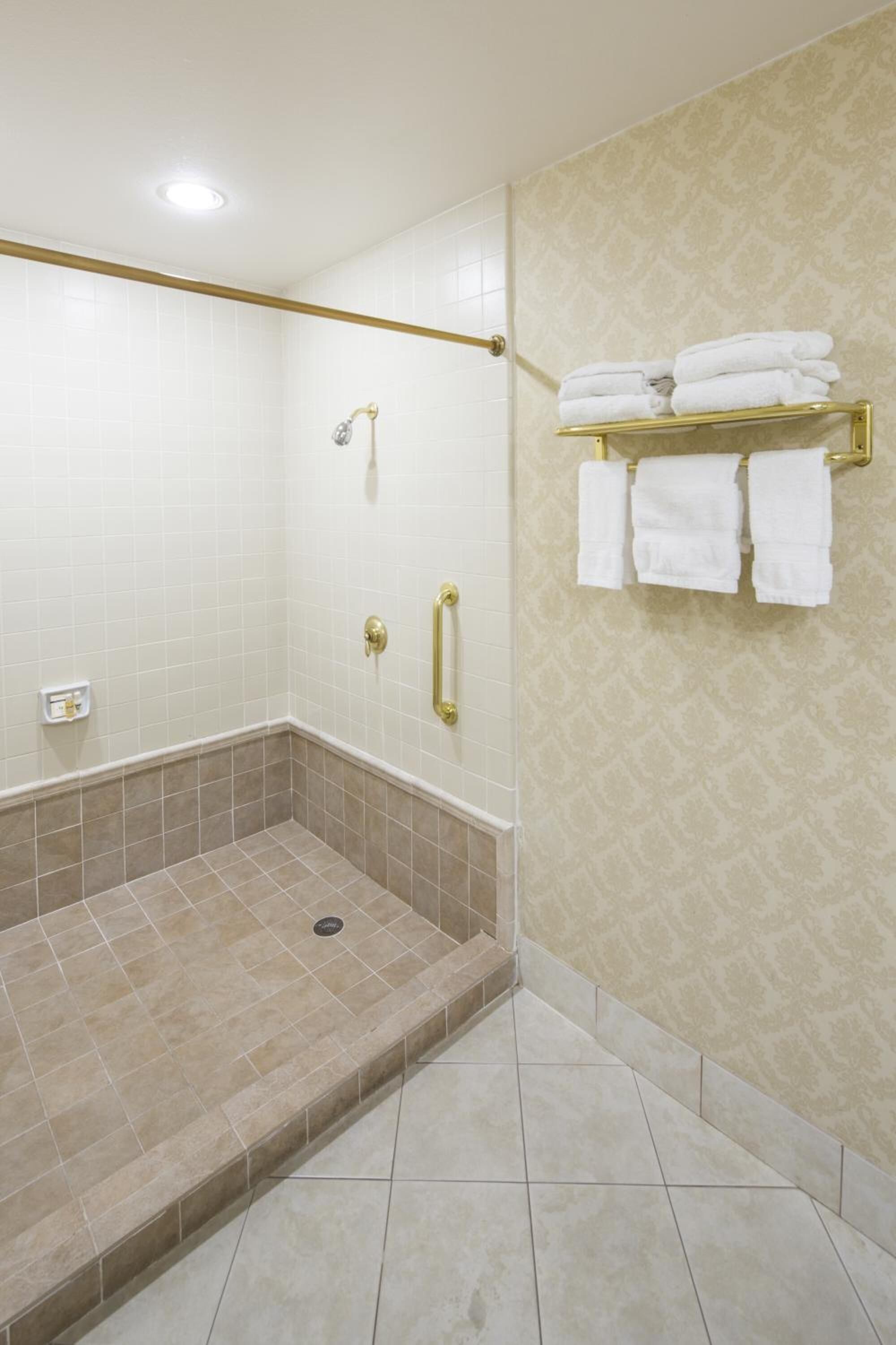 A shower area with a handrail, a towel rack with folded towels, and a control panel on the wall.