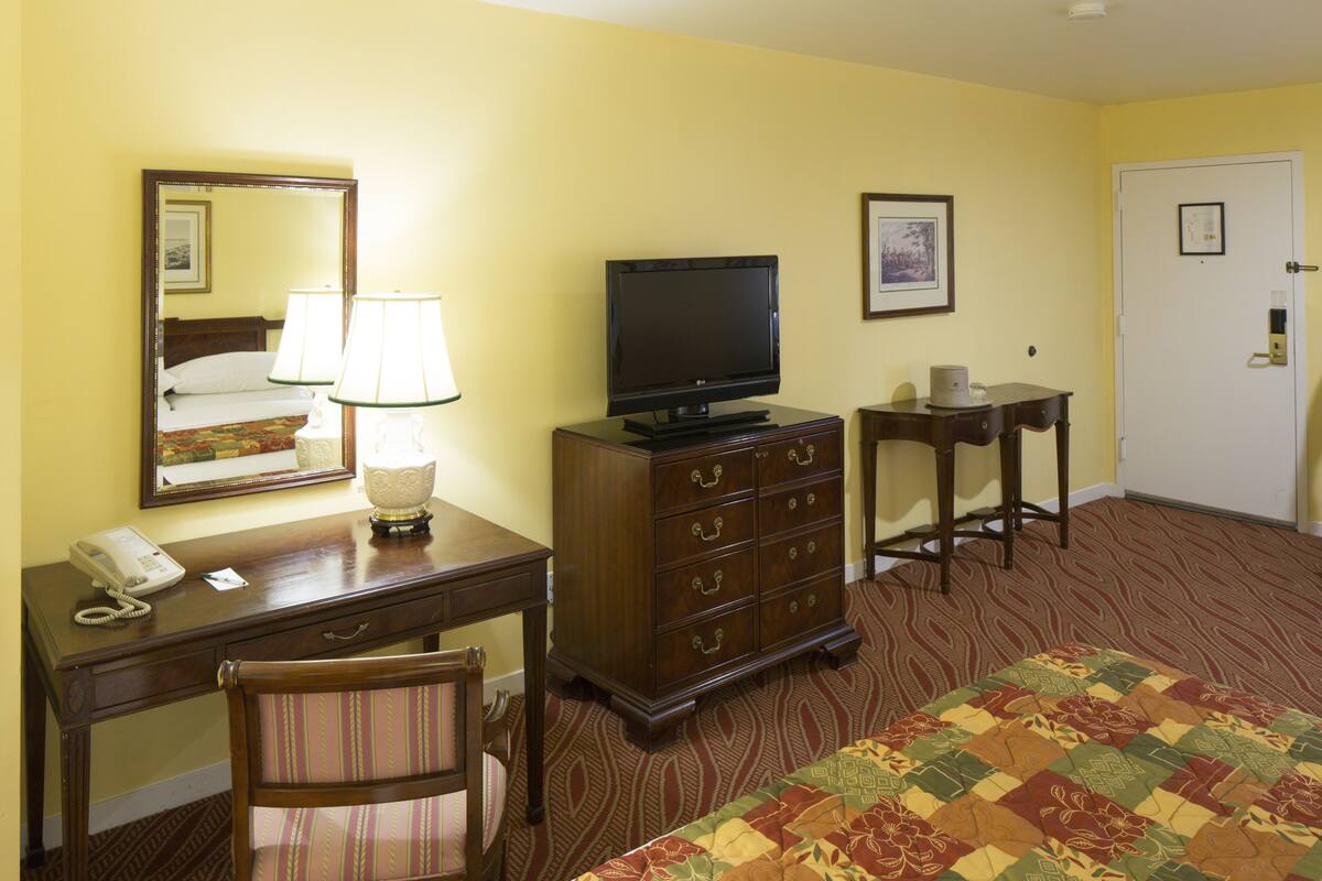 A hotel room with a bed, a desk with a telephone, a television, a chair, and a dresser.