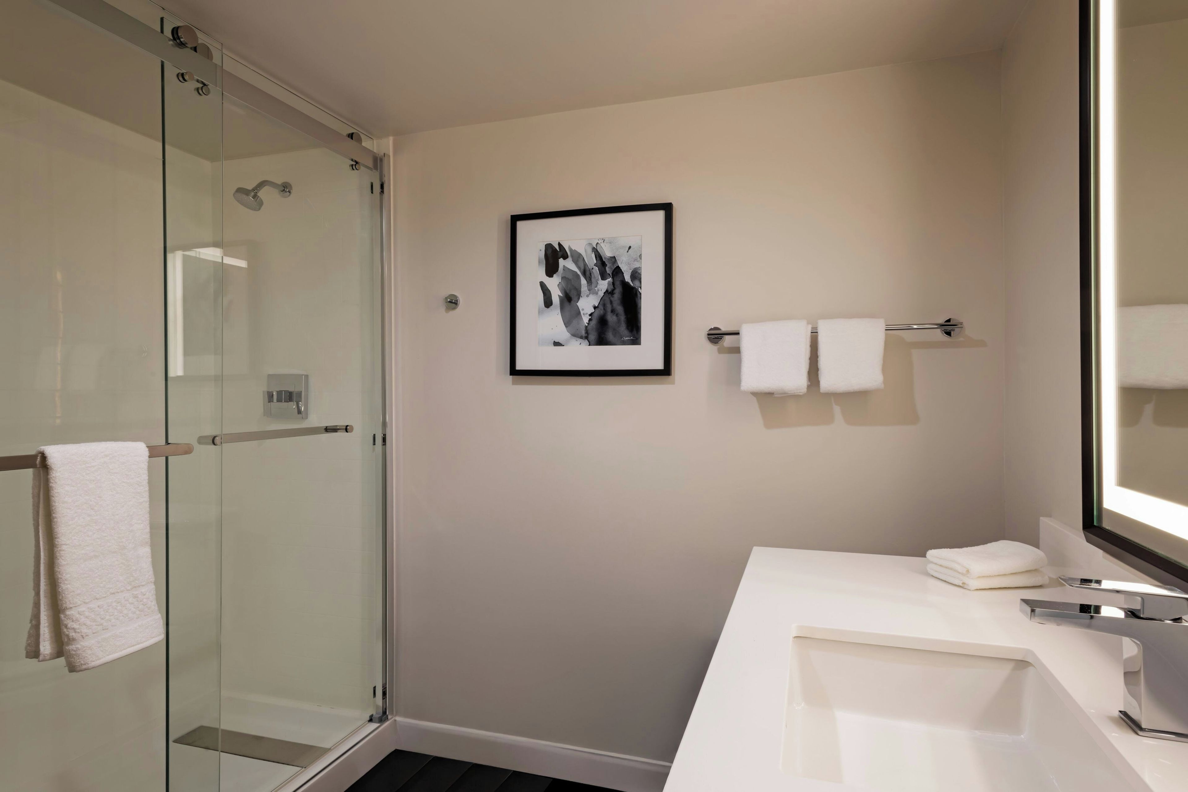 Une salle de bain moderne avec une douche à parois de verre, un lavabo blanc et une œuvre d’art encadrée au mur.