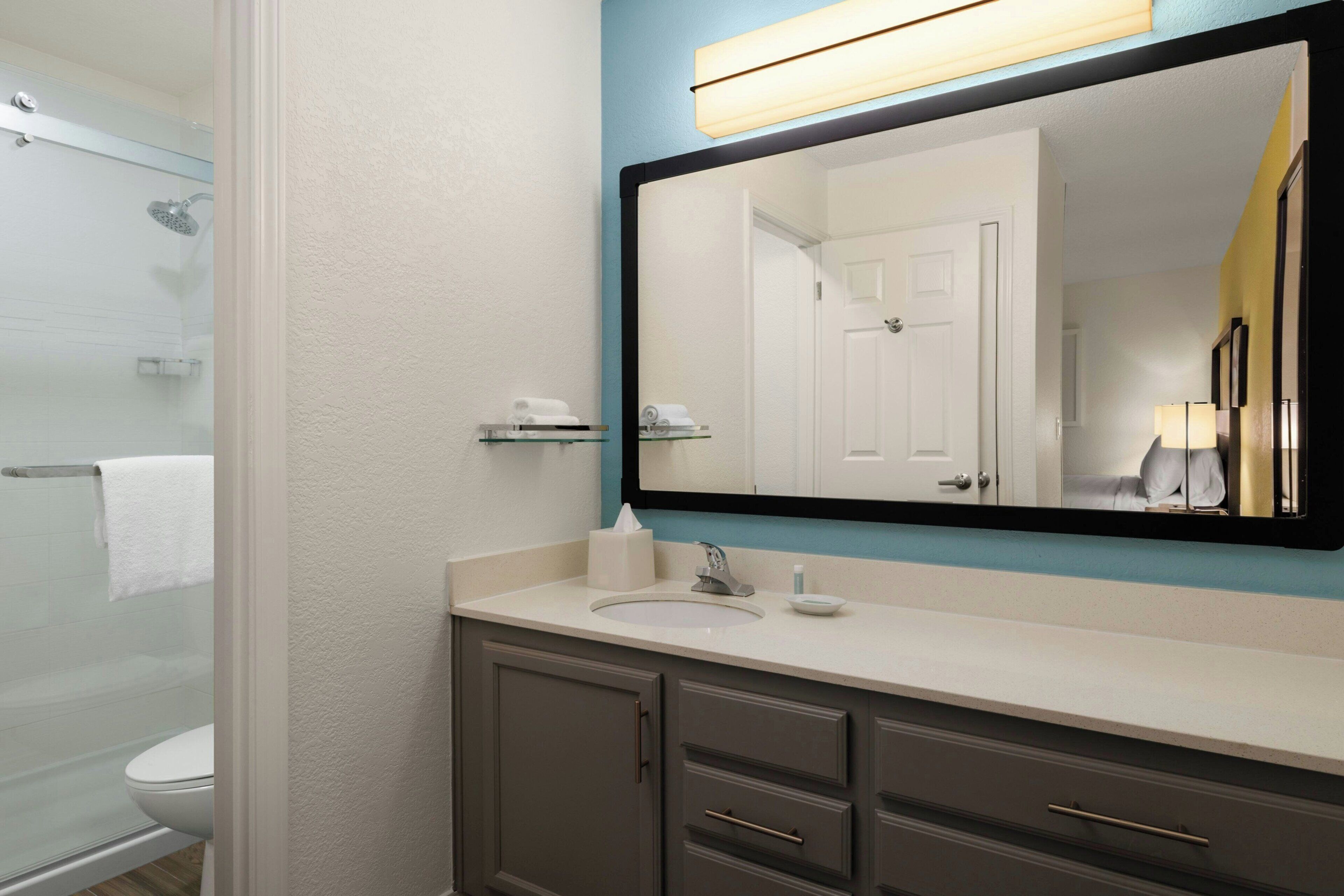 A bathroom with a glass shower enclosure, a white toilet, a sink with a mirror above it, and a vanity with drawers.