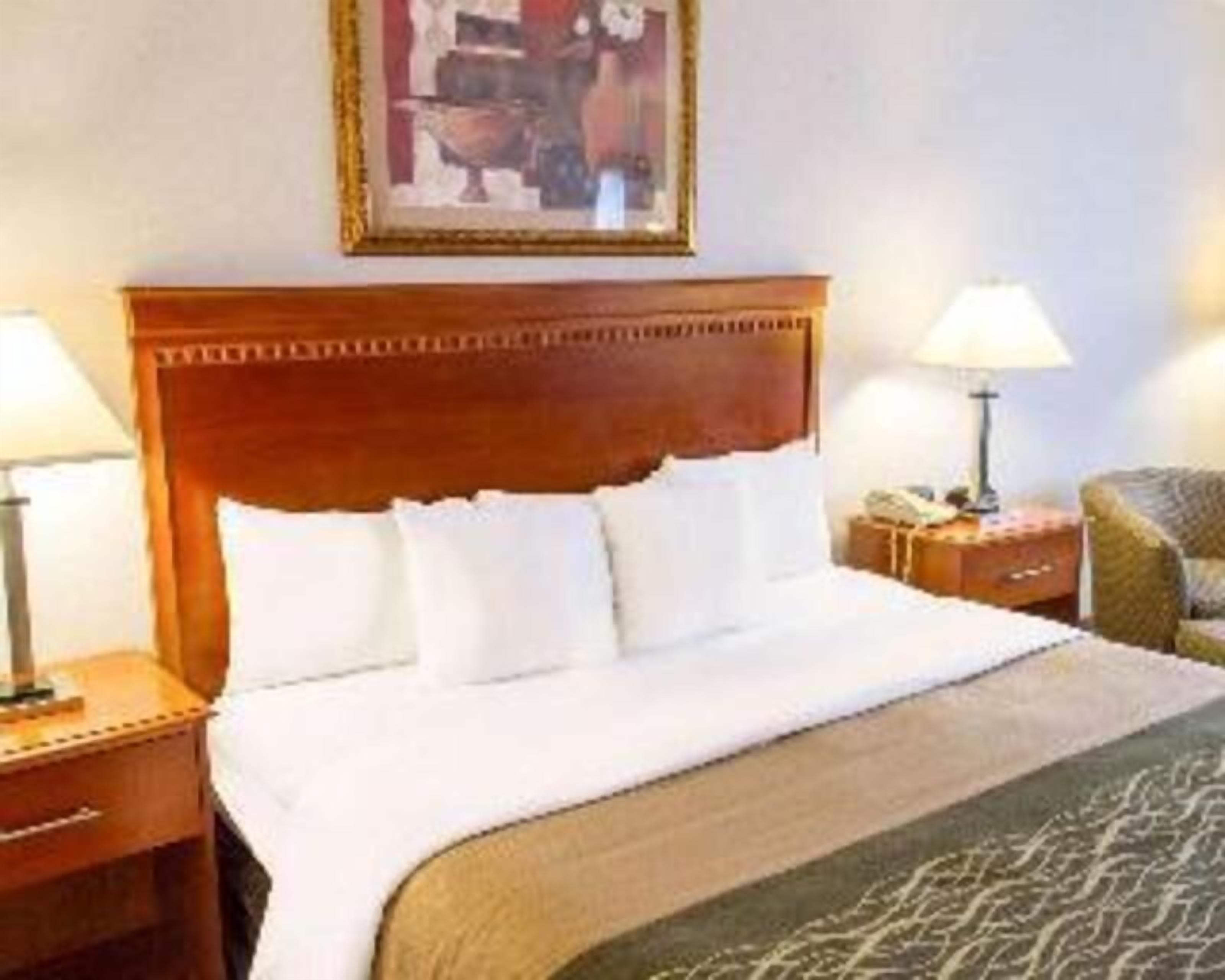 A hotel room with a wooden headboard, a bed with white linens, two bedside tables with lamps, and a framed picture on the wall.