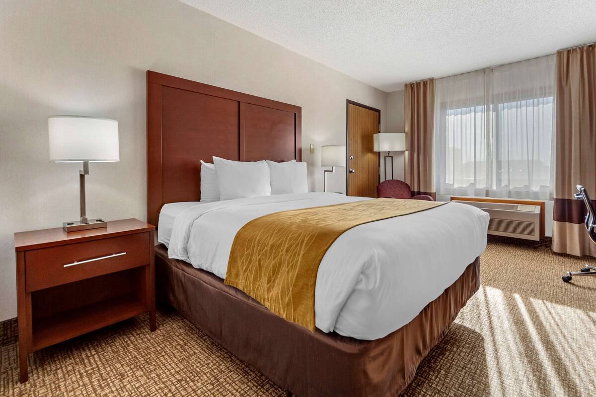 A hotel room with a large bed, a nightstand, a desk, a chair, a window with curtains, and a radiator.