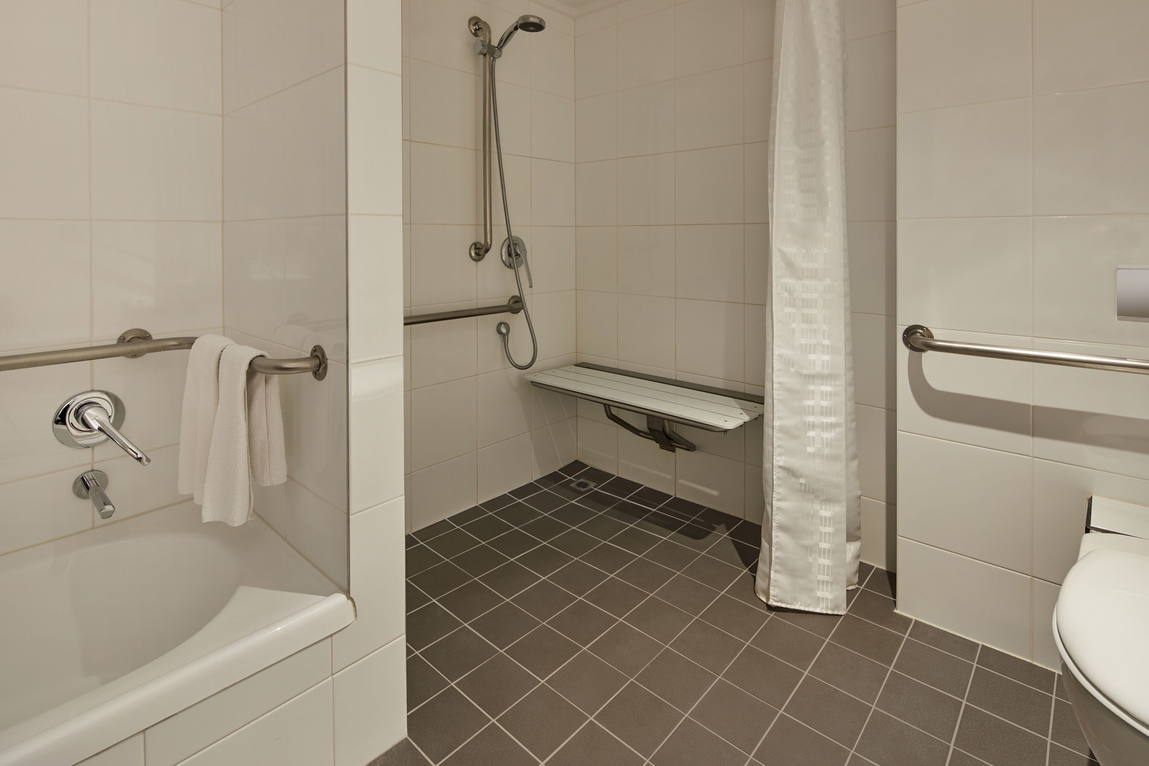 Accessible Room, 1 King Bed | Bathroom | Eco-friendly toiletries, hair dryer, towels, soap