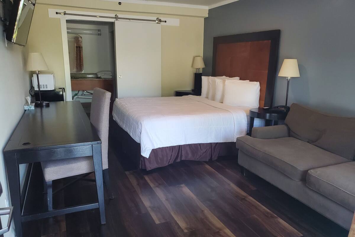 A hotel room with a bed, a desk, a chair, a sofa, and a nightstand with lamps.