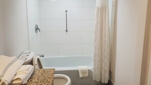 A modern bathroom with a walk-in shower, a bathtub, and a toilet. - Deerfield Inn & Suites (Madison)