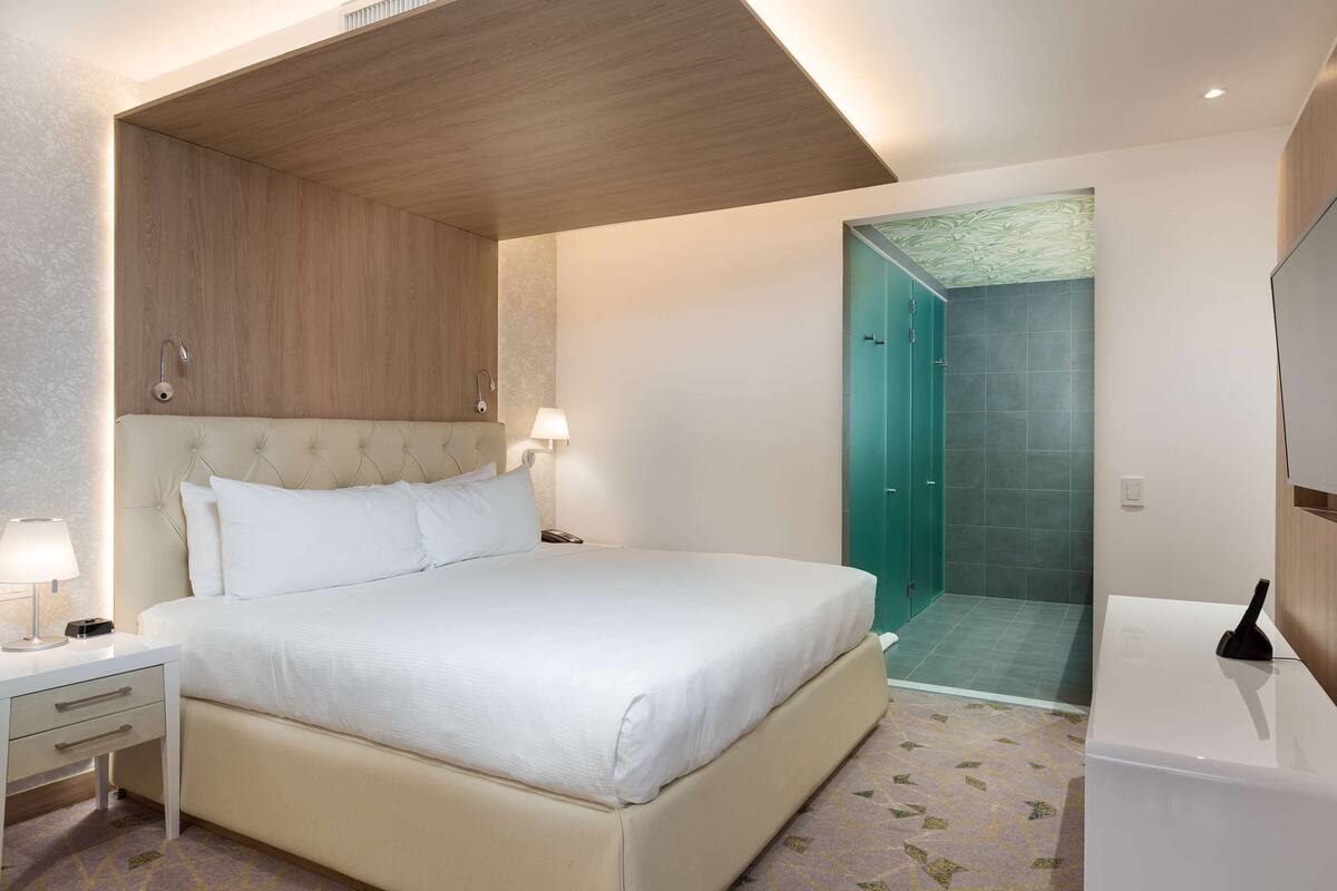A modern hotel room with a large bed, bedside tables, a TV, and a shower area.