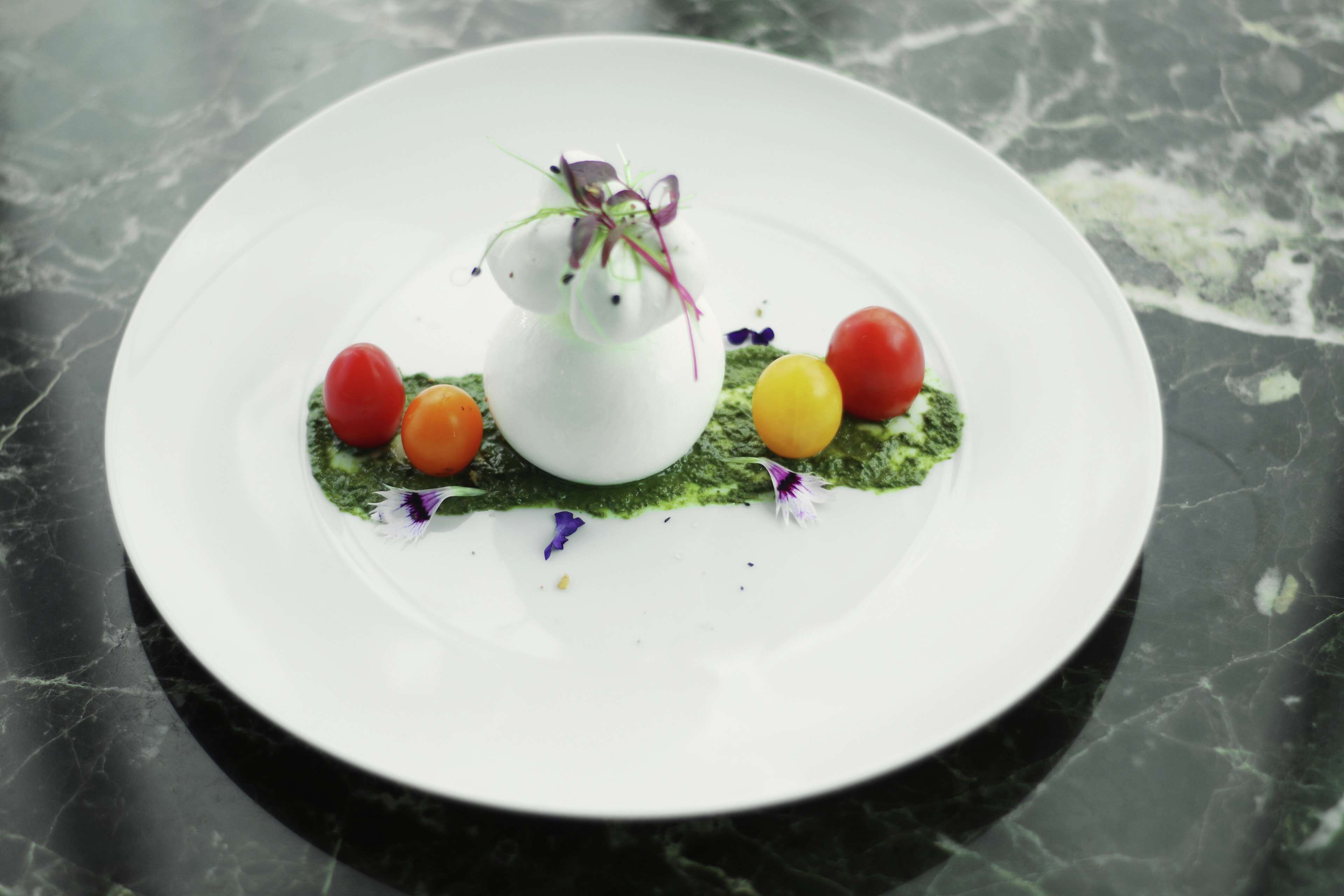Un plato blanco con salsa verde, tomates cherry y un objeto blanco sobre una superficie de mármol.