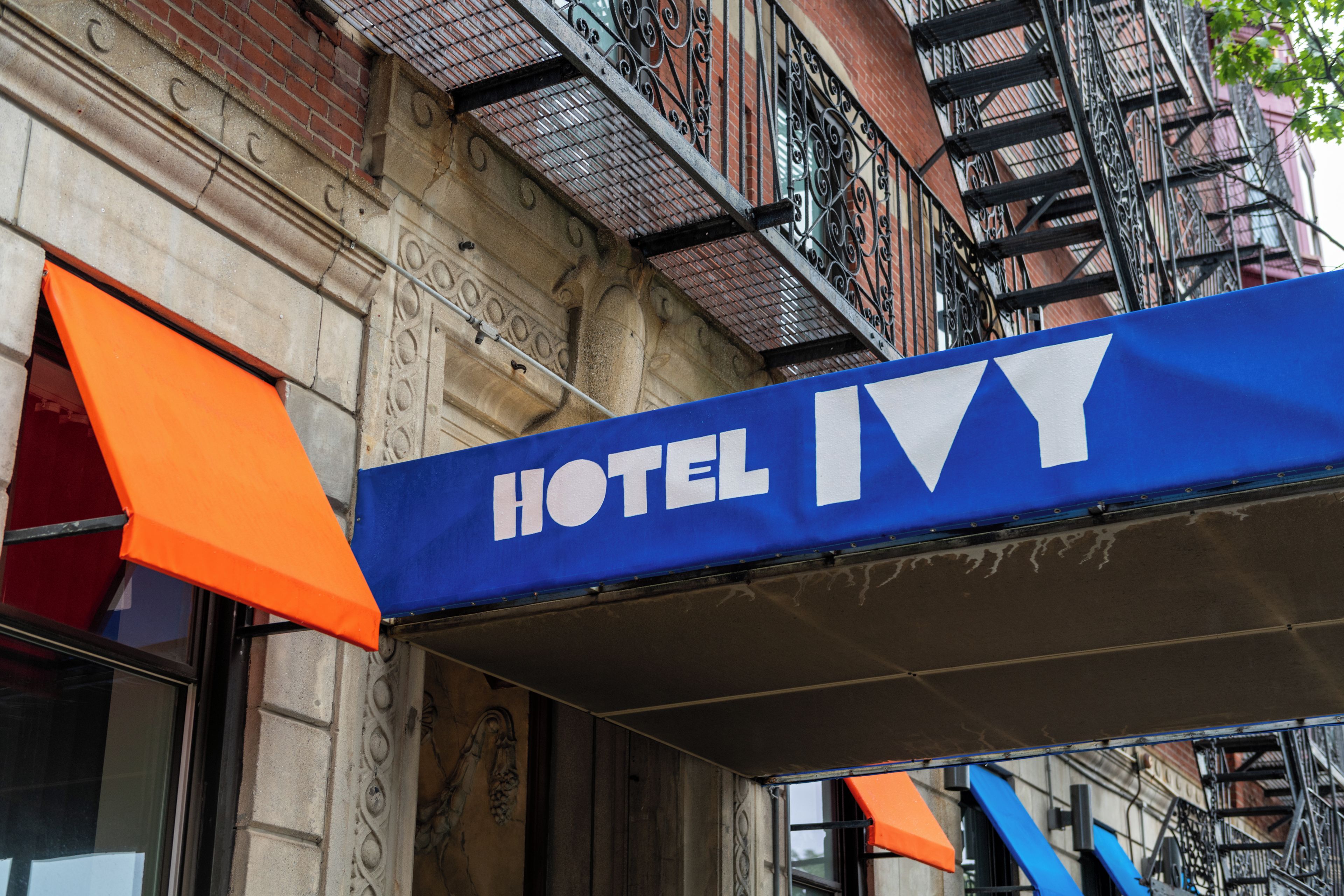 A hotel sign with the name 'HOTEL IVY' in white letters on a blue background.